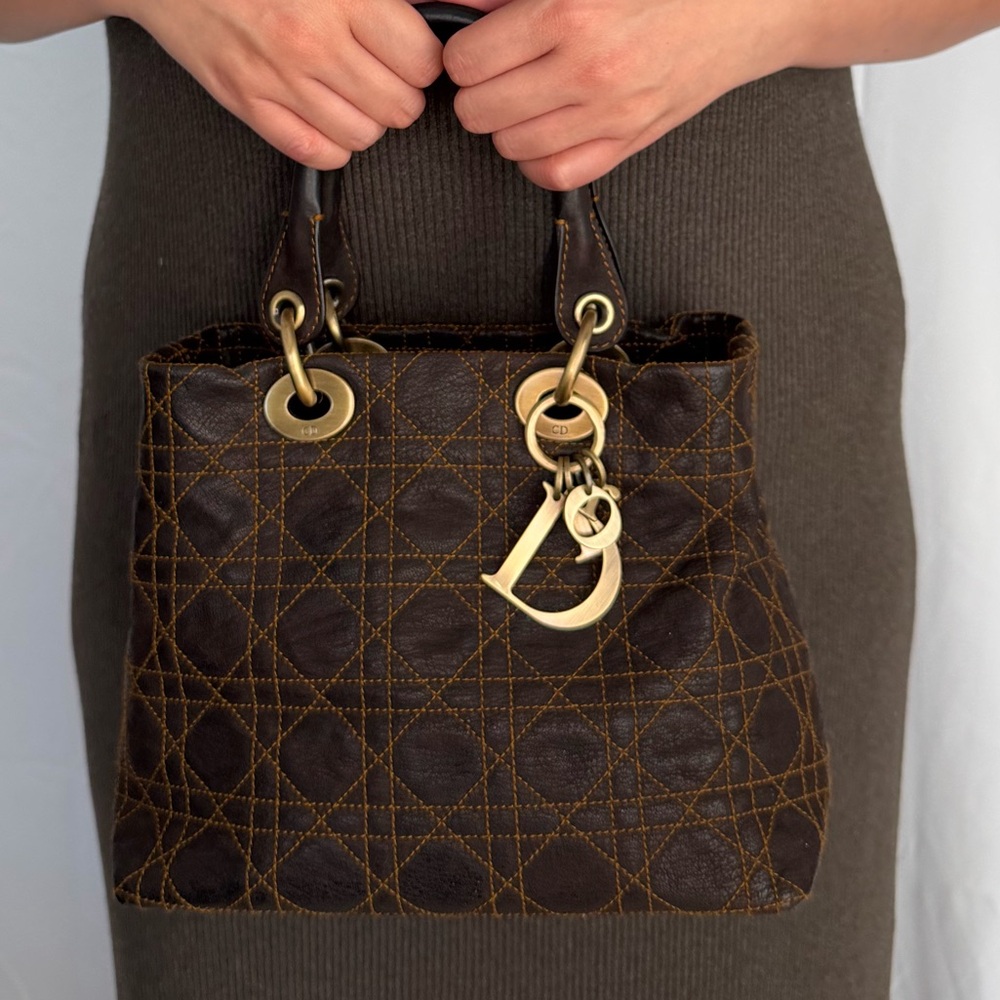 Rare Lady Dior Small Tote Bag in Constract Stitch Cannage Brown Leather - Picture 9 of 15